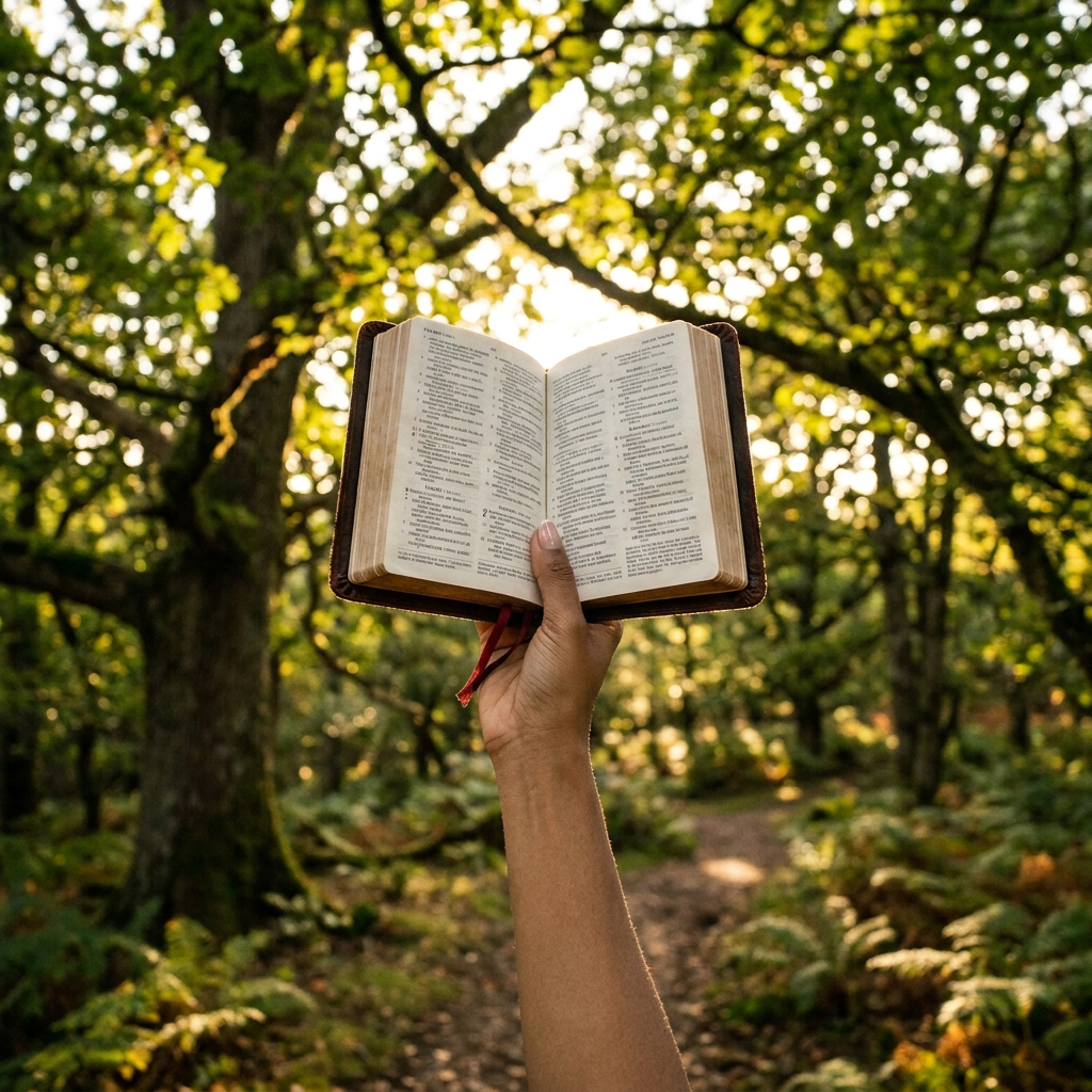 Hand holding an open Bible on a sunlit forest path